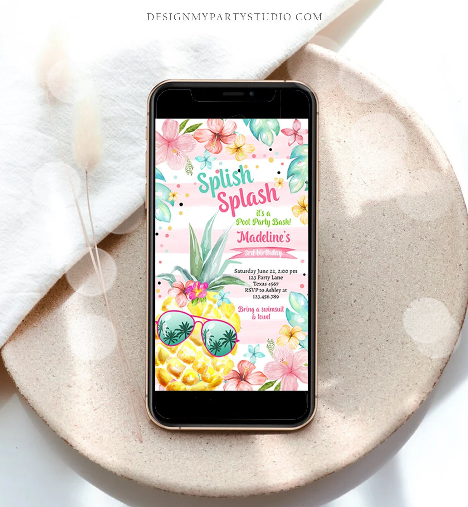 Editable Hawaiian Luau Birthday Evite Pineapple Birthday Pool Party Pink Girl Electronic Phone Digital Download Template Printable 0391