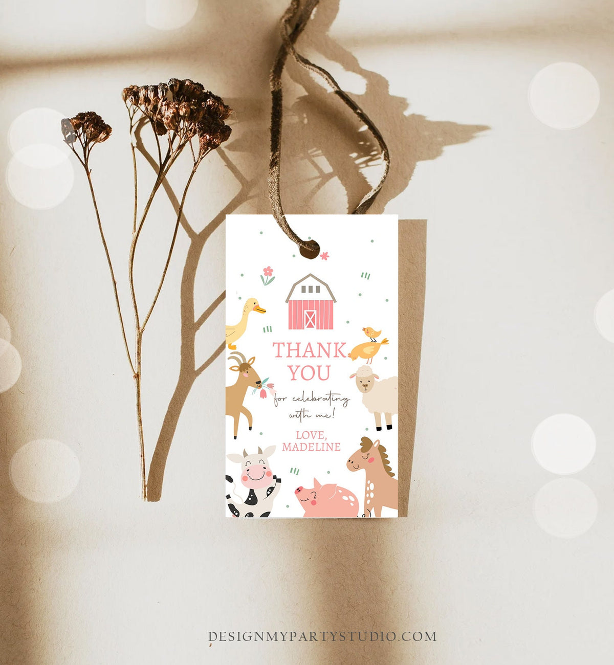 Editable Farm Favor Tags Tags Pink Farm Birthday Thank you tags Barnyard Gift Tags Girl Birthday Digital Download Template Printable 0436