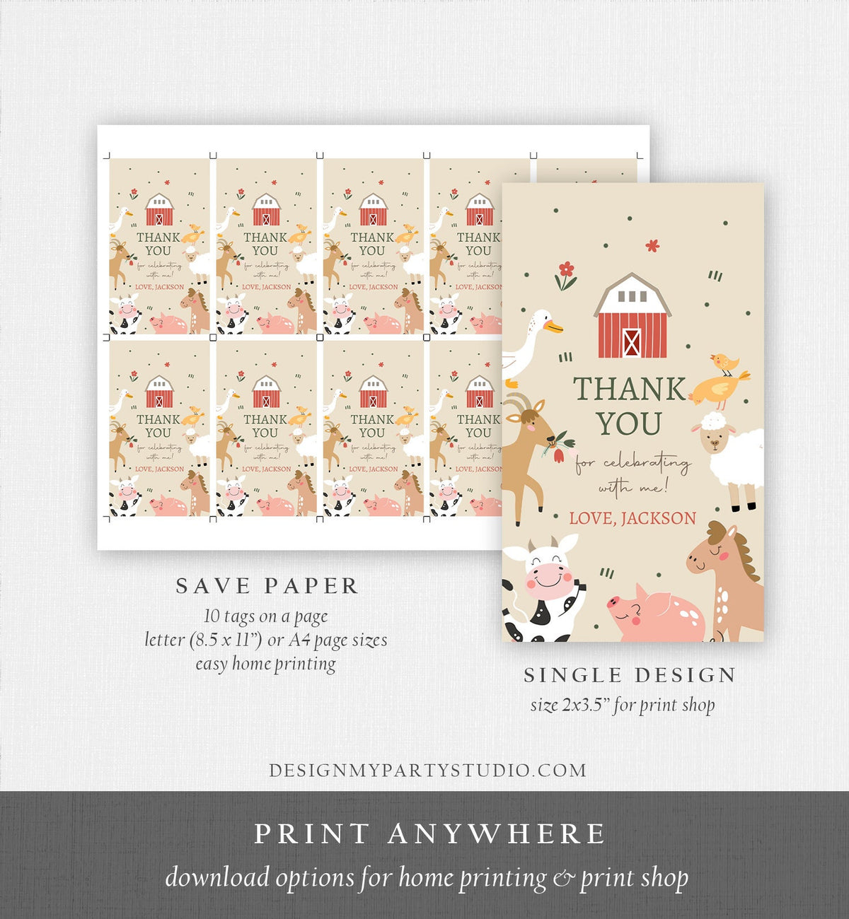 Editable Farm Favor Tags Tags Boy Farm Birthday Thank you tags Barnyard Gift Tags Boy Birthday Old McDonald Template PRINTABLE Corjl 0436