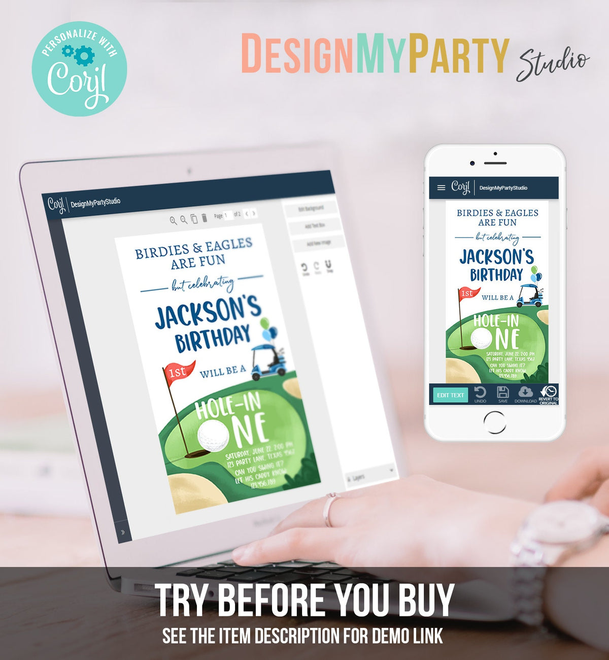 Editable Hole in One Birthday Evite Golf First Birthday Par-tee Golf Invite Boy Golf Download Electronic Phone Digital Evite Template 0405