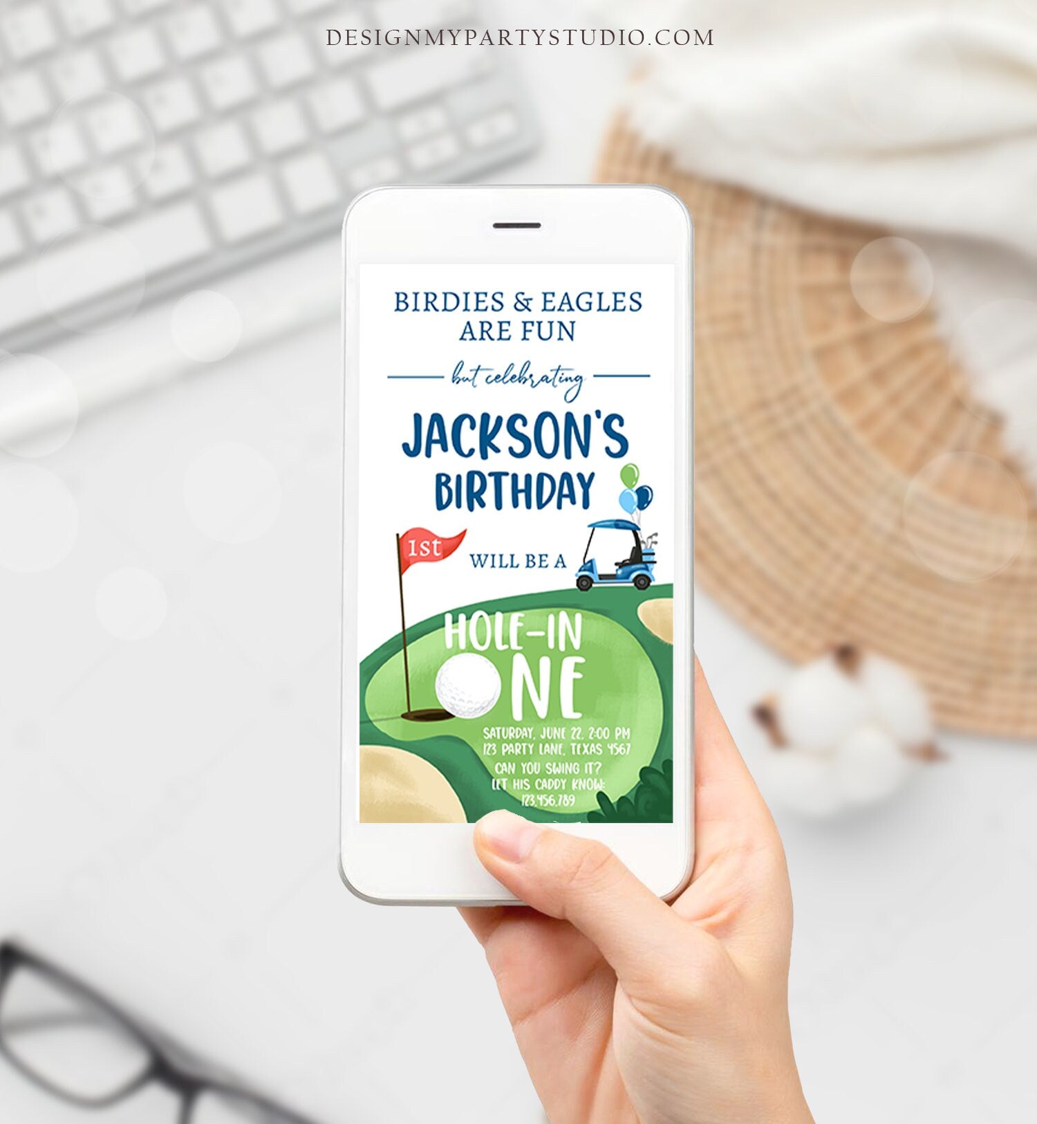 Editable Hole in One Birthday Evite Golf First Birthday Par-tee Golf Invite Boy Golf Download Electronic Phone Digital Evite Template 0405