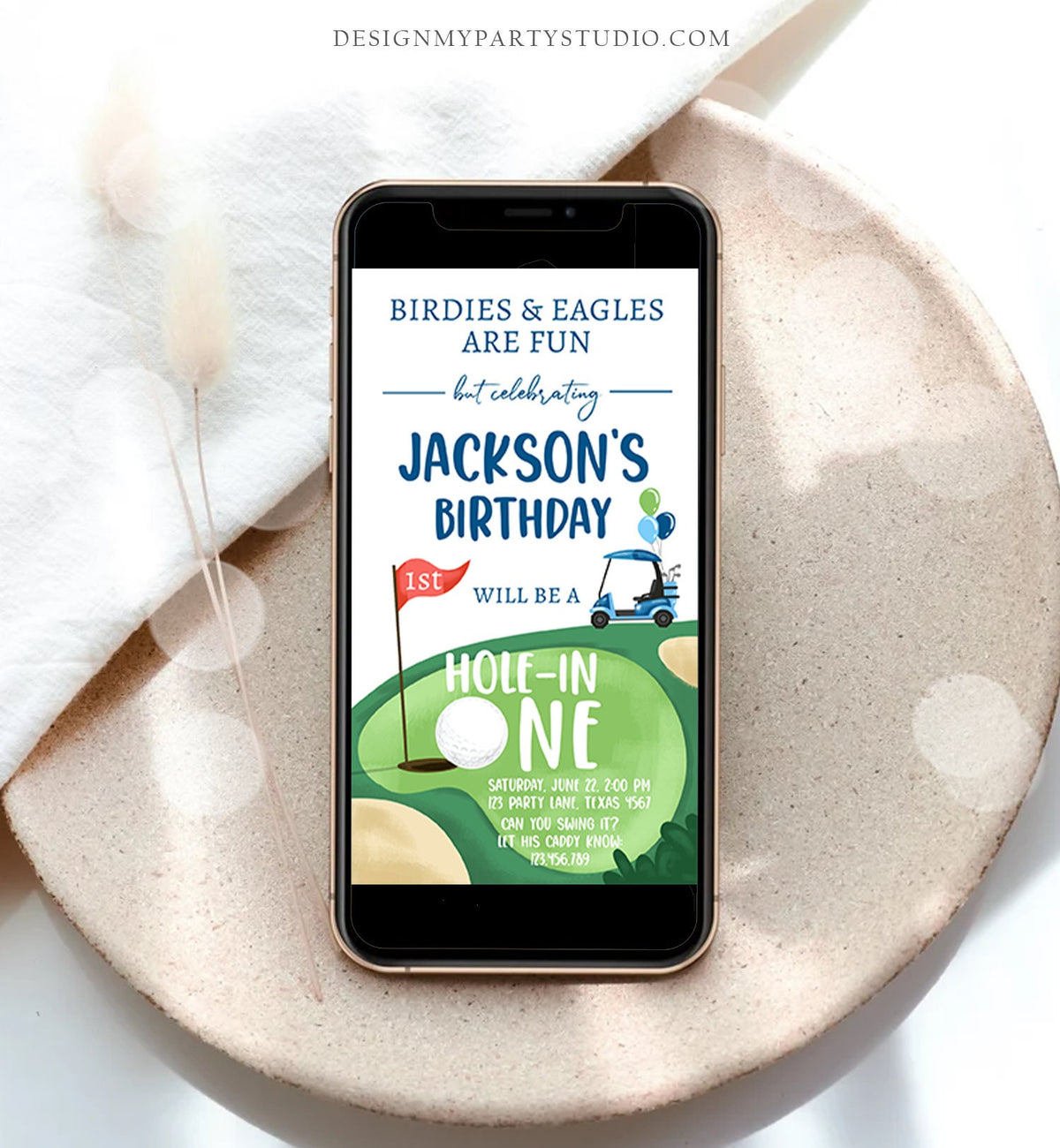 Editable Hole in One Birthday Evite Golf First Birthday Par-tee Golf Invite Boy Golf Download Electronic Phone Digital Evite Template 0405