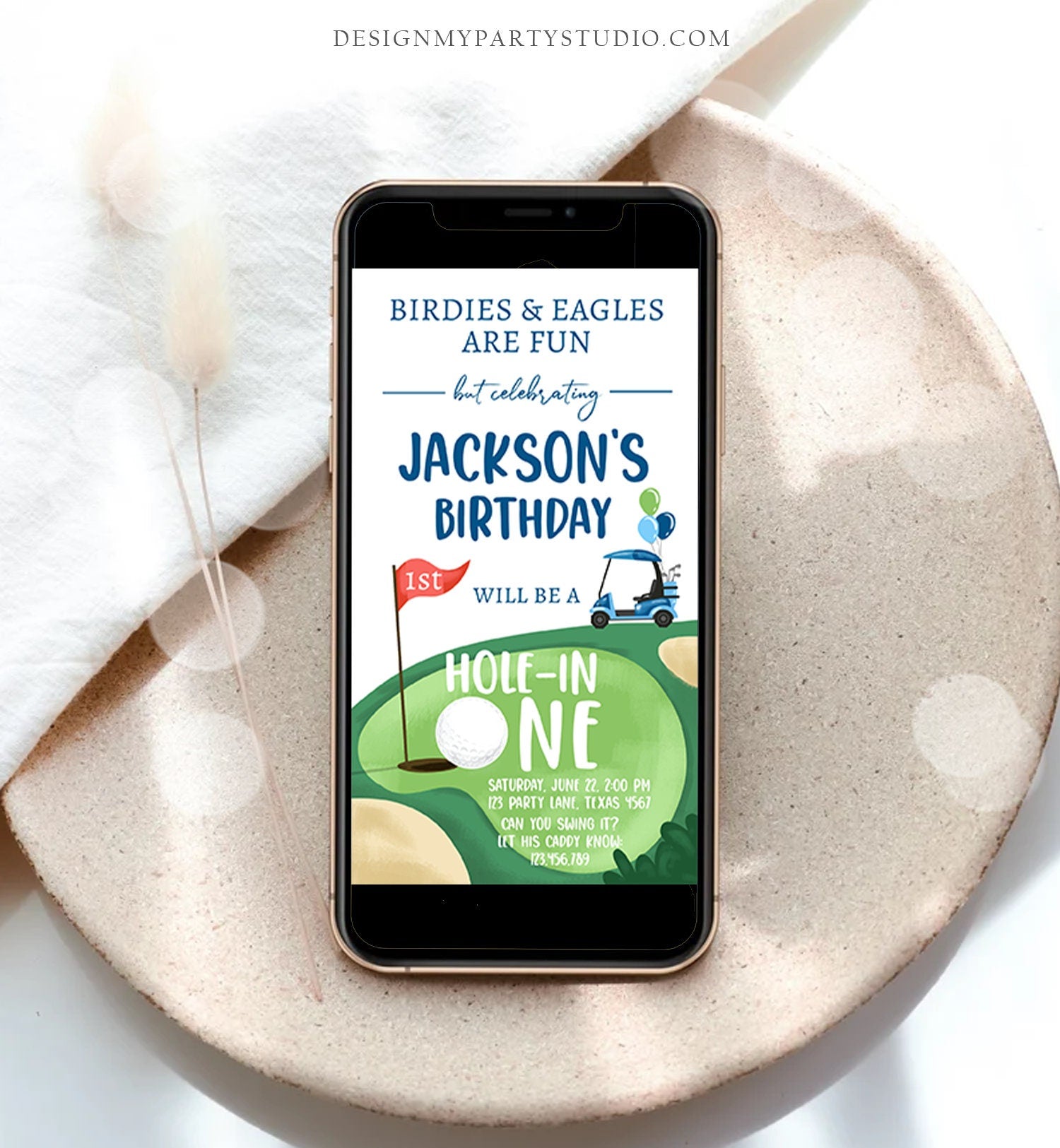 Editable Hole in One Birthday Evite Golf First Birthday Par-tee Golf Invite Boy Golf Download Electronic Phone Digital Evite Template 0405