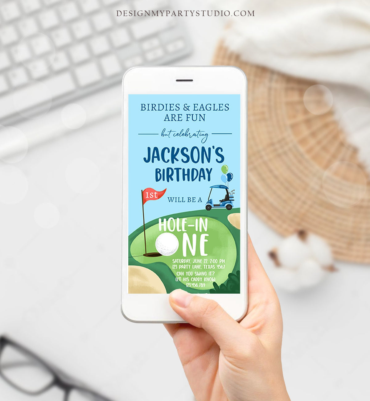 Editable Hole in One Birthday Evite Golf First Birthday Par-tee Golf Invitation Boy Golf Electronic Phone Digital Download Template 0405