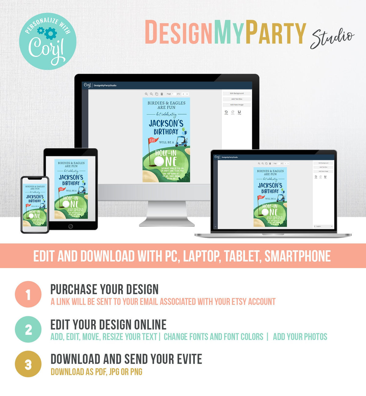 Editable Hole in One Birthday Evite Golf First Birthday Par-tee Golf Invitation Boy Golf Electronic Phone Digital Download Template 0405