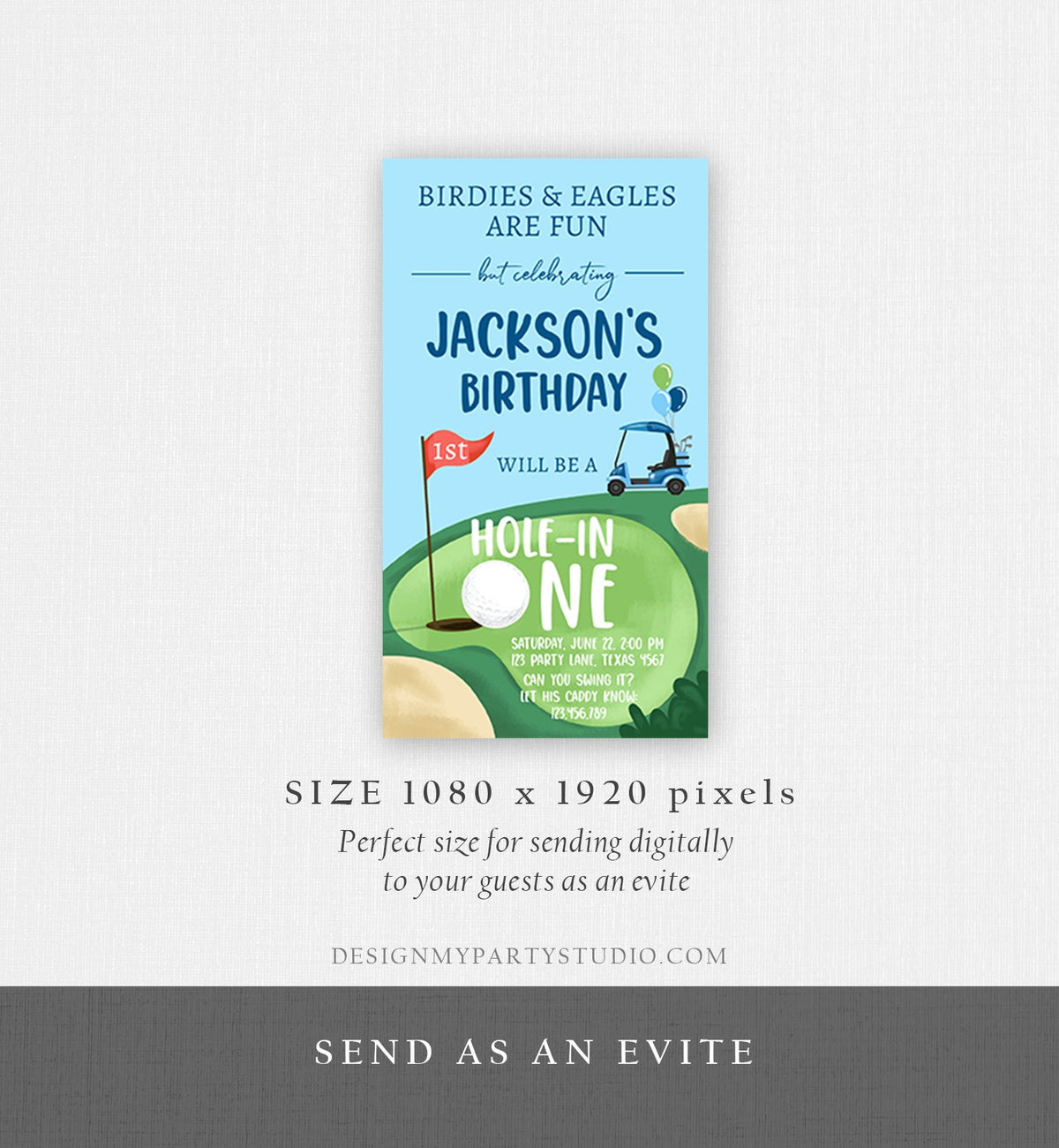 Editable Hole in One Birthday Evite Golf First Birthday Par-tee Golf Invitation Boy Golf Electronic Phone Digital Download Template 0405