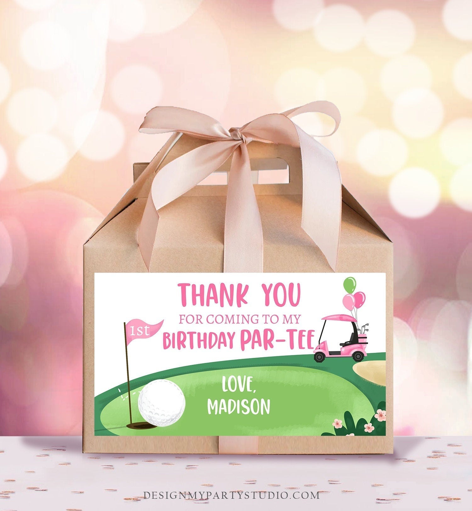 Editable Hole in One Birthday Party Gable Box Favor Label Pink Golf Gift Box Labels Par-tee Girl Golfing 1st Download Printable Corjl 0405