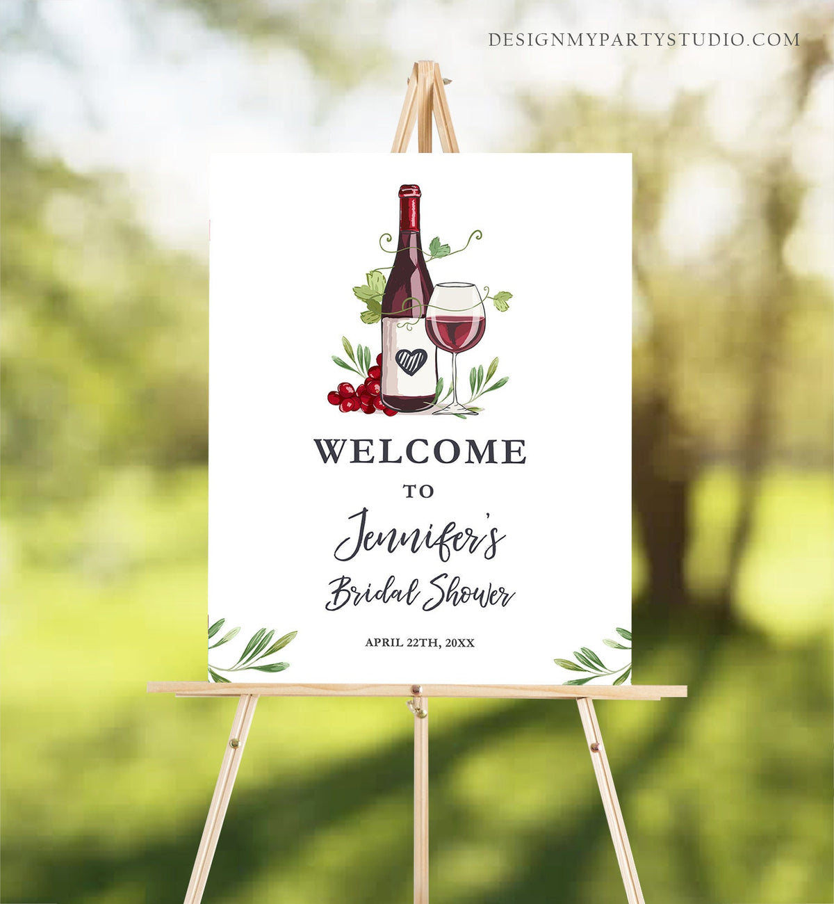 Editable Wine Welcome Sign Couples Shower Welcome Cheers to Love Brunch Bubbly Grapes Bottle White Red Floral Corjl Template Printable 0234