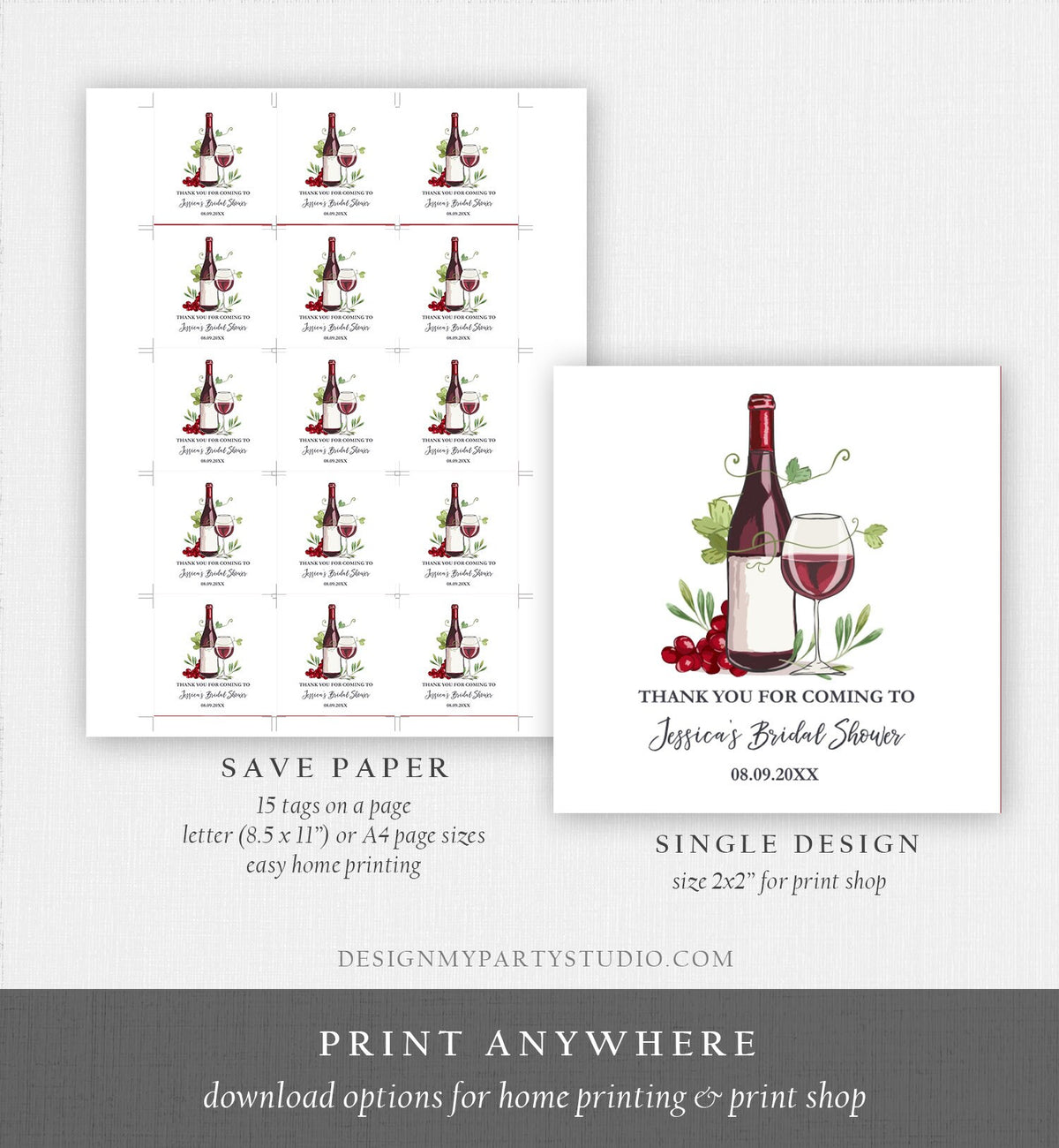 Editable Wine Bridal Shower Favor Tags Thank You Tags Mini Wine Bottle Round Square Wedding Sip Sip Hooray Rustic Corjl Template 0234