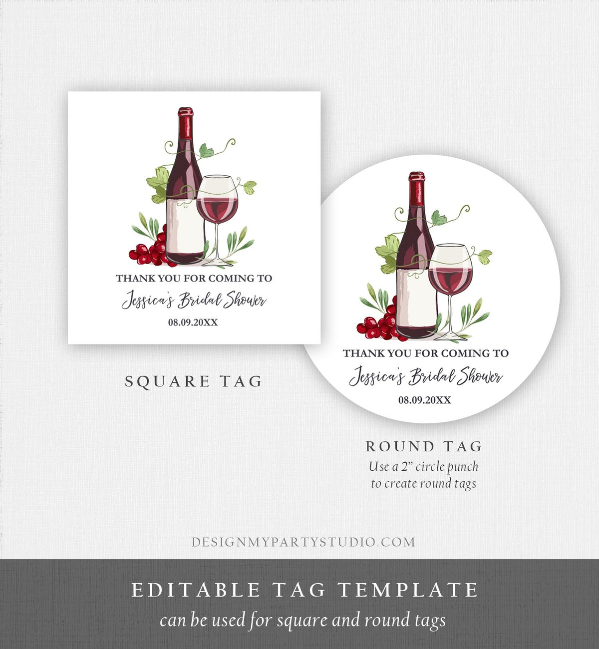 Editable Wine Bridal Shower Favor Tags Thank You Tags Mini Wine Bottle Round Square Wedding Sip Sip Hooray Rustic Corjl Template 0234