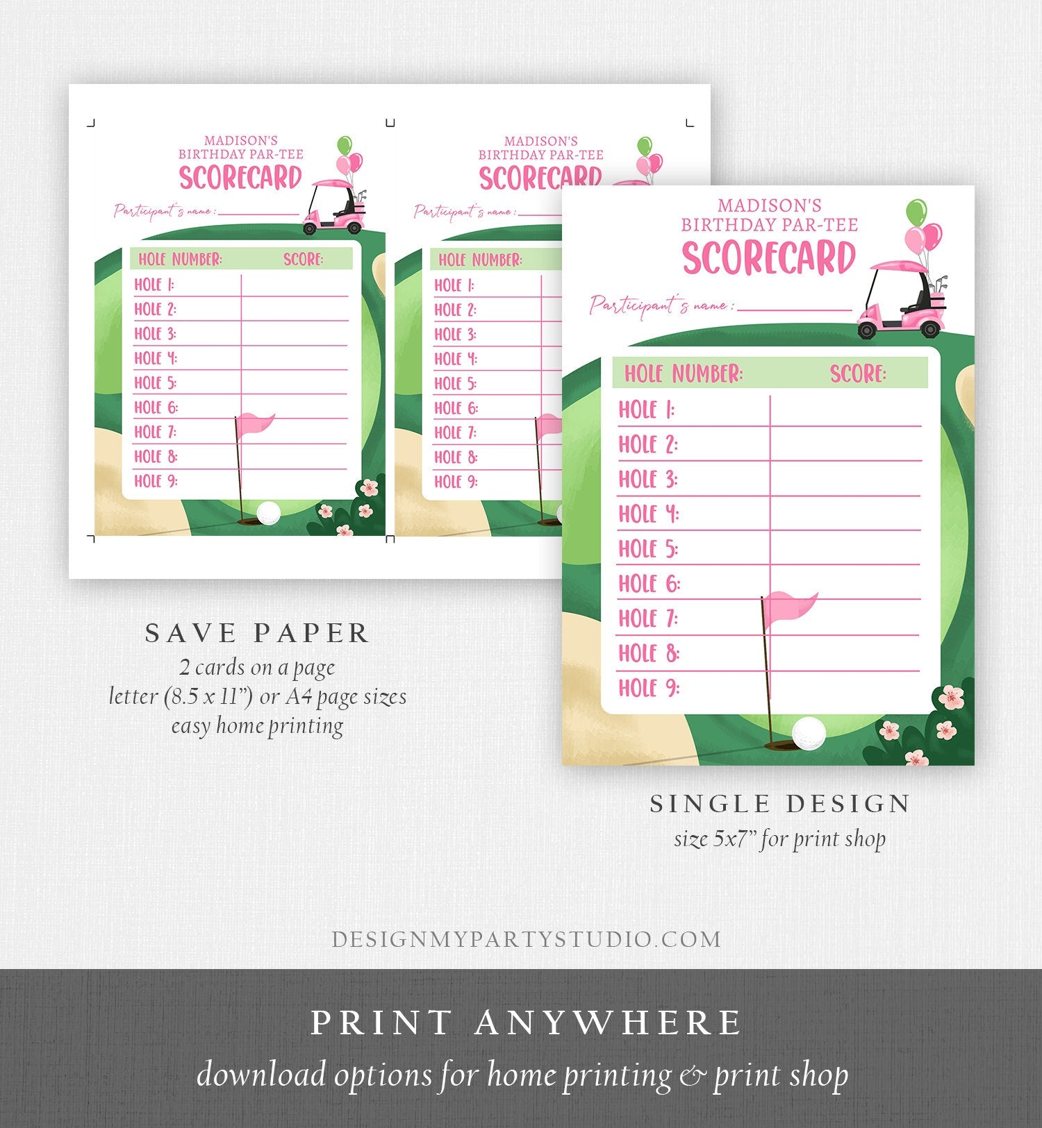 Editable Golf Score Card Birthday Par-tee Game Golfing Girl Pink Golf Baby Shower Activity Digital Download Template Printable 0405
