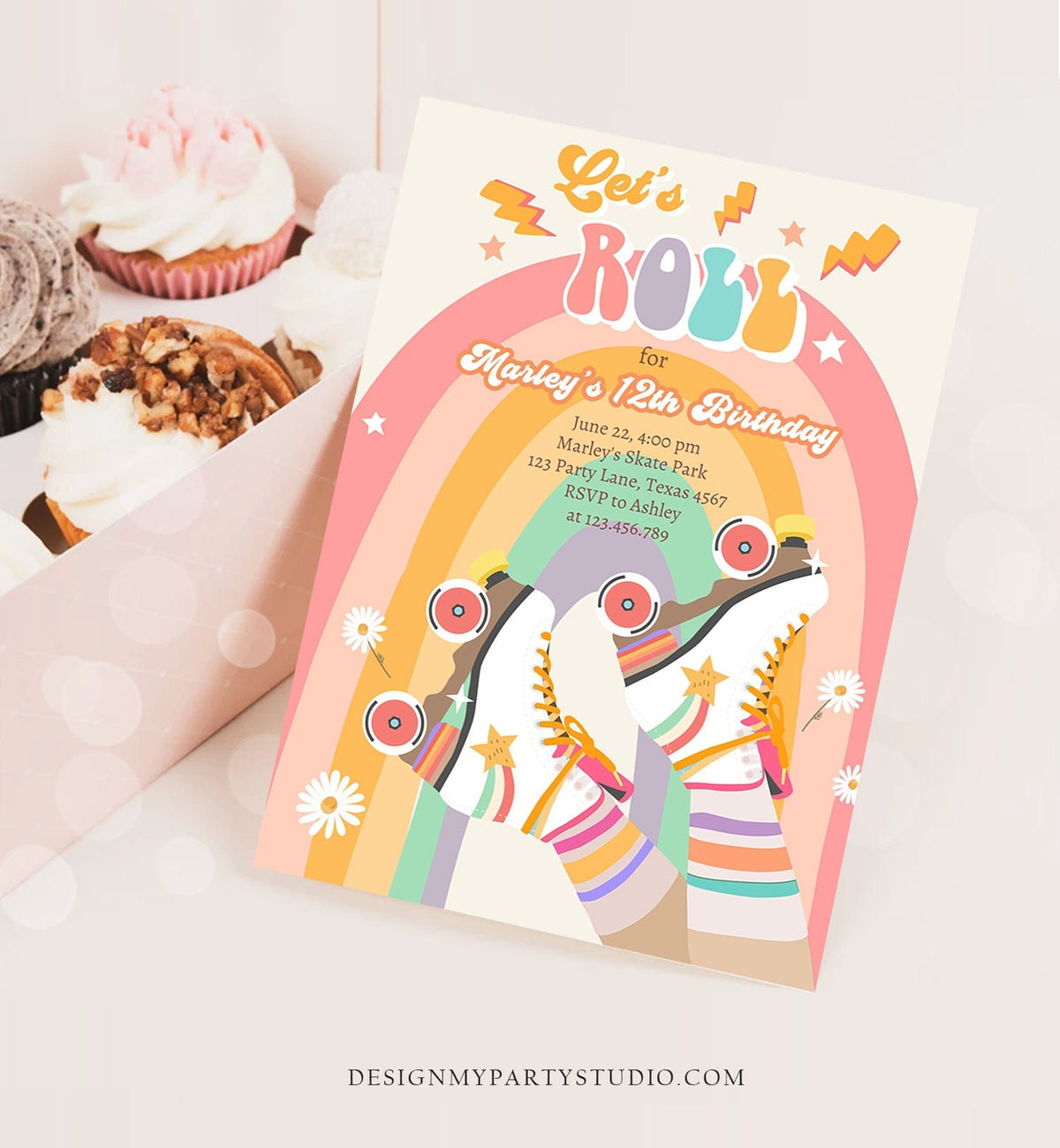 Editable Retro Roller Skate Birthday Party Invitation Let&#39;s Roll Skating Kids Rainbow 70&#39;s Skate Invite Download Template Corjl Digital 0435