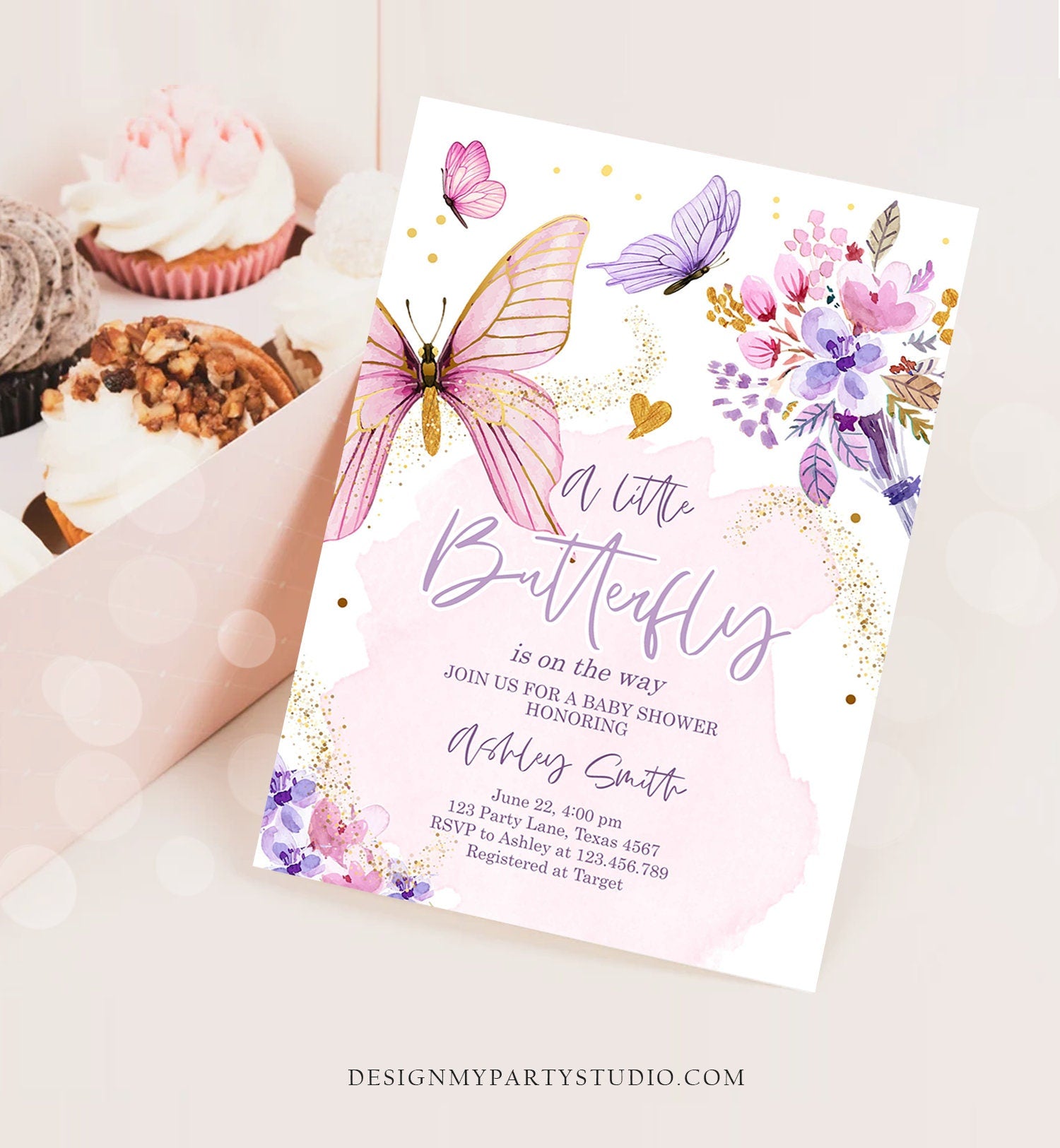 Editable Butterfly Baby Shower Invitation Purple Butterfly on The Way Invite Floral Pink Gold Girl Download Printable Template Corjl 0437