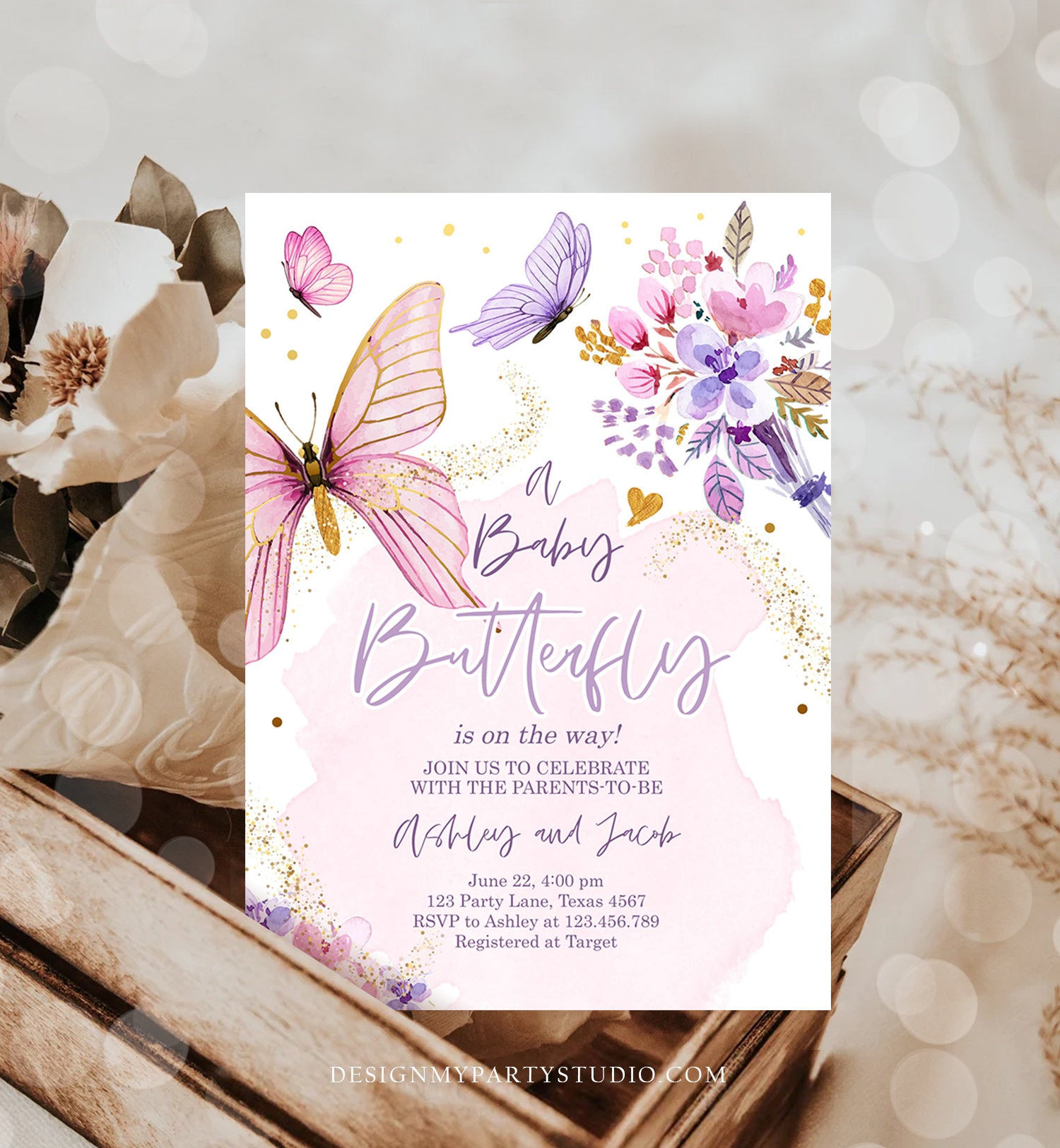 Editable Butterfly Baby Shower Invitation Purple Butterfly on The Way Invite Floral Pink Gold Girl Download Printable Template Corjl 0437