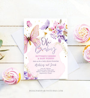 Editable Butterflies Baby Shower Invite Purple Butterfly Kisses Invitation Floral Pink Gold Girl Download Printable Template Corjl 0437
