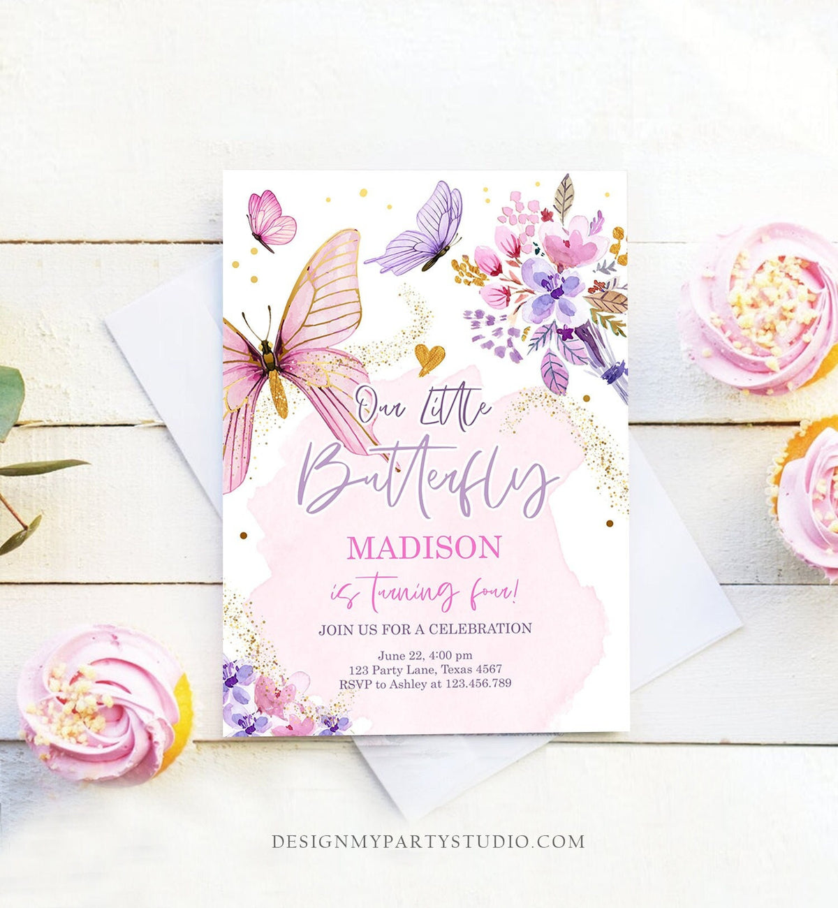 Editable Butterfly Birthday Invitation Girl Purple Butterfly Invite 1st Birthday Party Floral Pink Digital Download Template Printable 0437