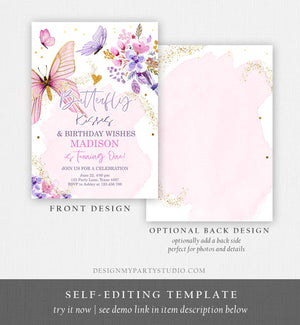 Editable Butterfly Birthday Invitation Girl Butterfly Kisses Invite 1st Birthday Party Floral Pink Download Printable Template Corjl 0437