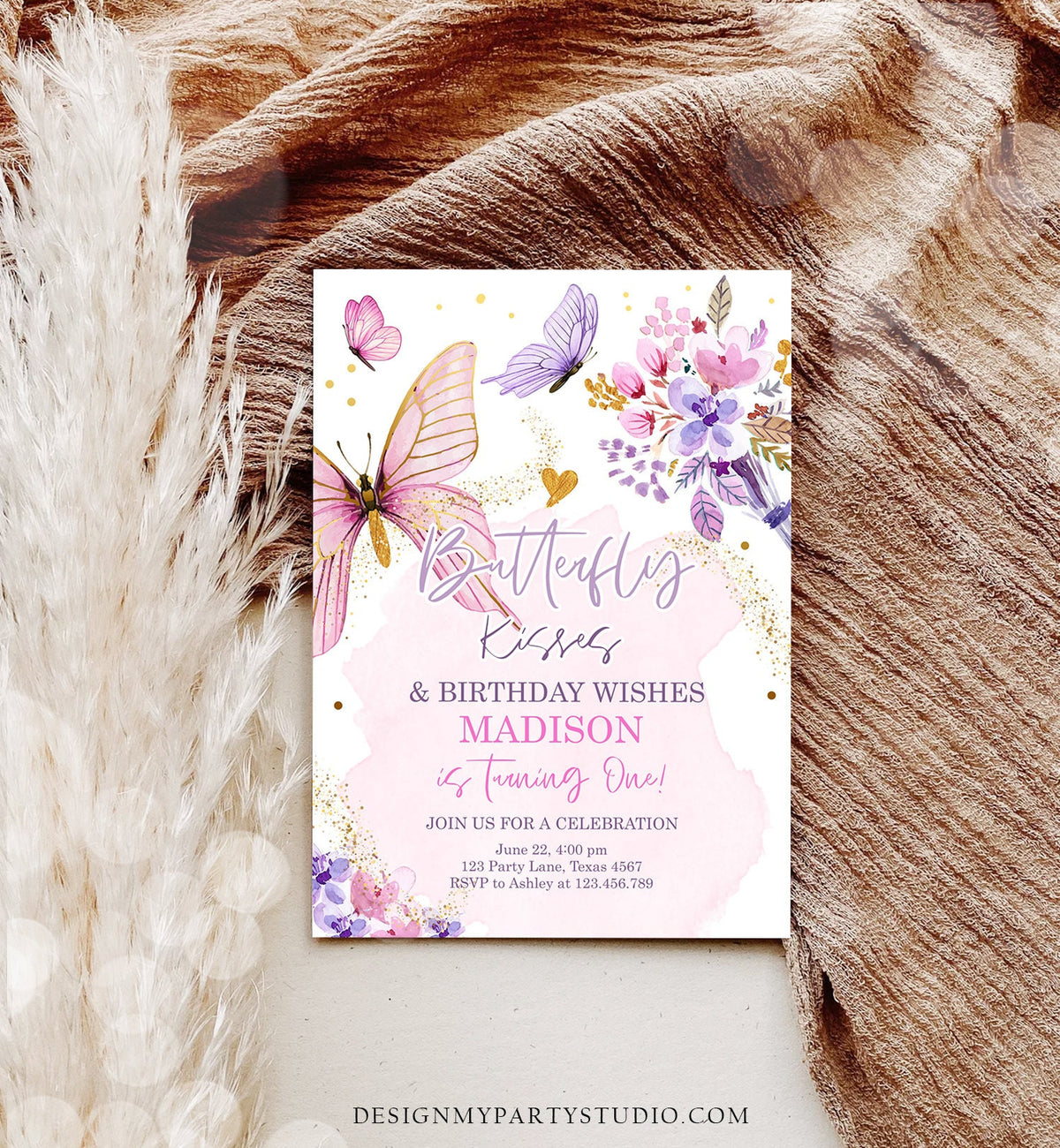 Editable Butterfly Birthday Invitation Girl Butterfly Kisses Invite 1st Birthday Party Floral Pink Download Printable Template Corjl 0437