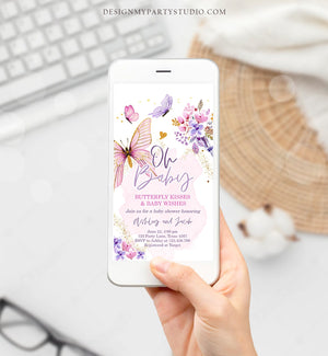 Editable Butterfly Baby Shower Evite Purple Butterfly on The Way Invite Floral Pink Gold Girl Phone Download Digital Template Corjl 0437