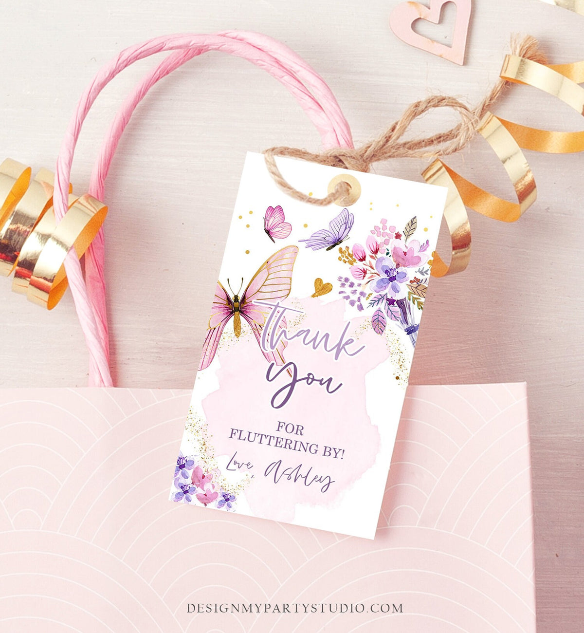 Editable Butterfly Favor Tags Butterfly Birthday Thank you Tags Garden Shower Pink Gold Girl Fluttering By Floral Template PRINTABLE 0437