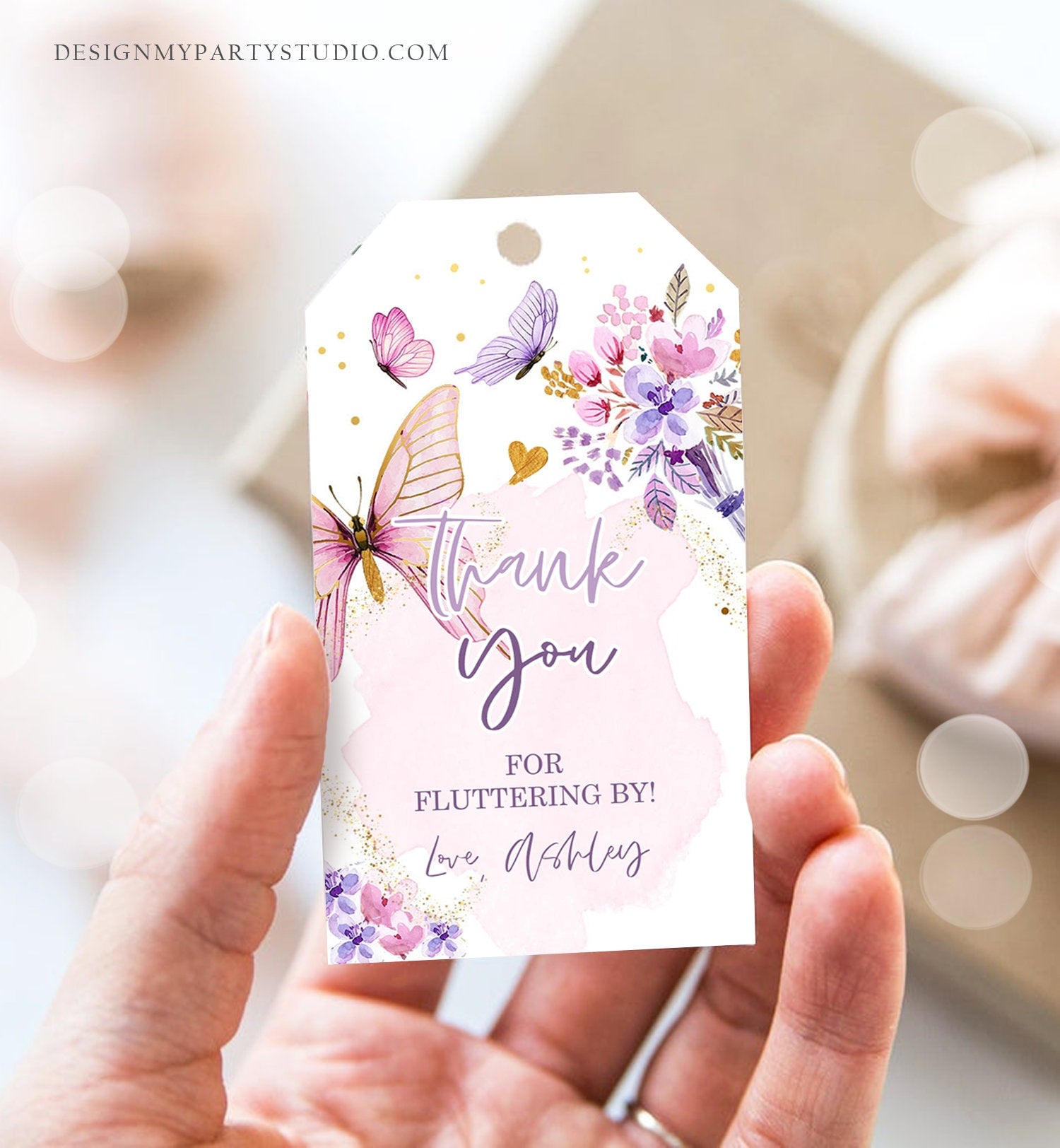 Editable Butterfly Favor Tags Butterfly Birthday Thank you Tags Garden Shower Pink Gold Girl Fluttering By Floral Template PRINTABLE 0437