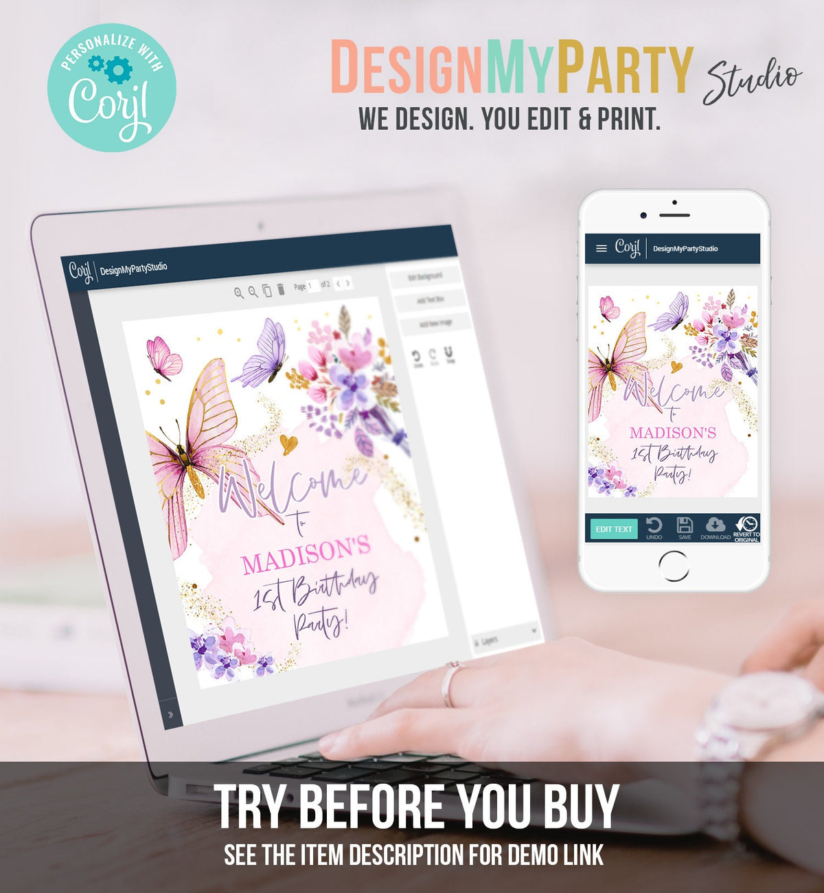 Editable Butterfly Welcome Sign Butterfly Birthday Party Butterfly Party Garden Girl Pink Gold Floral Purple Digital Template Printable 0437