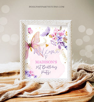 Editable Butterfly Welcome Sign Butterfly Birthday Party Butterfly Party Garden Girl Pink Gold Floral Purple Template PRINTABLE Corjl 0437