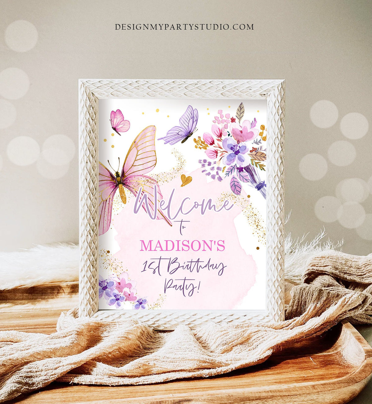 Editable Butterfly Welcome Sign Butterfly Birthday Party Butterfly Party Garden Girl Pink Gold Floral Purple Digital Template Printable 0437