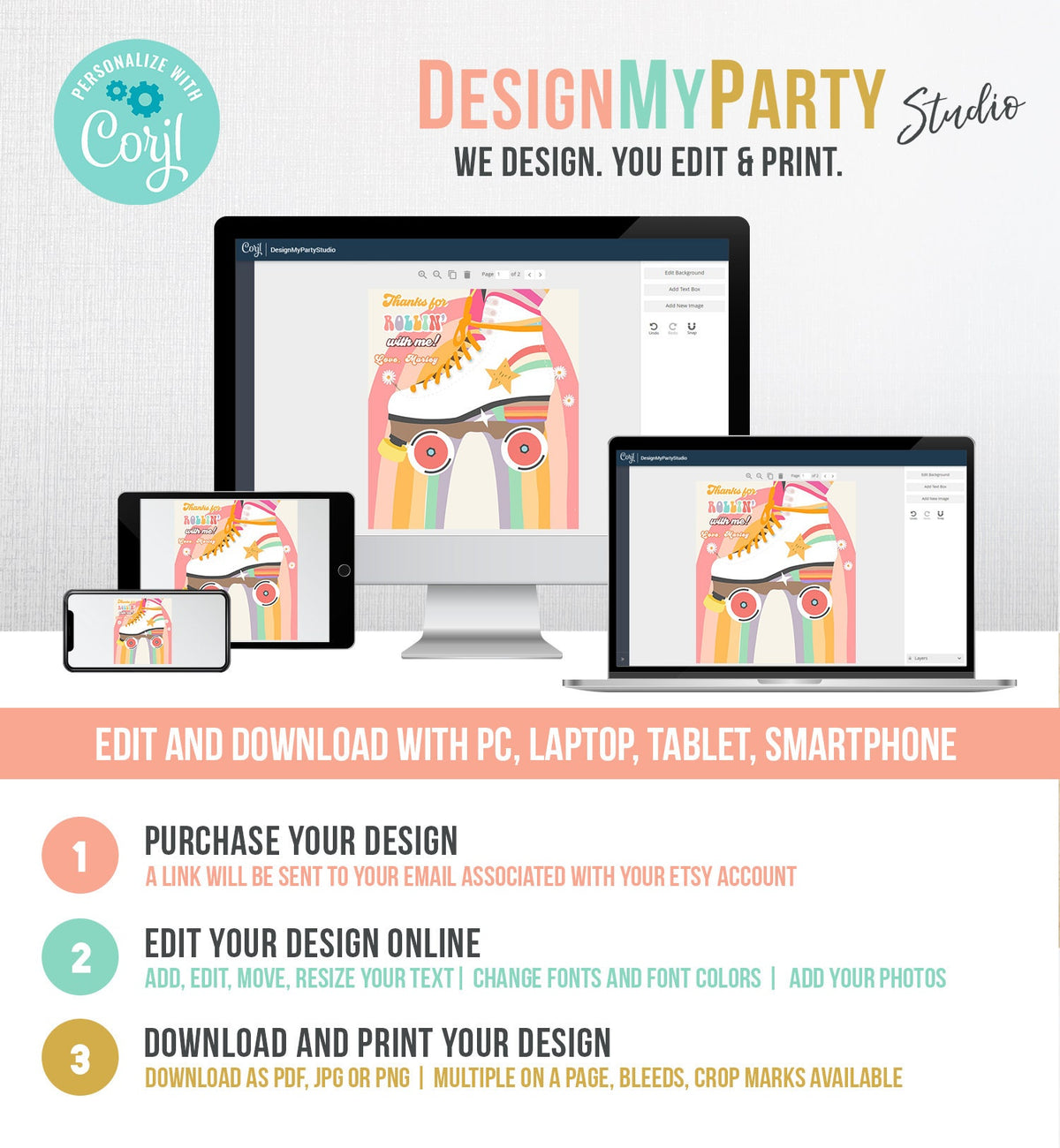 Editable Skate Treat Bag Inserts Retro Skate Birthday Party Favors Donuts Cookies Skating 70&#39;s Roller Rink Printable Corjl Template 0435