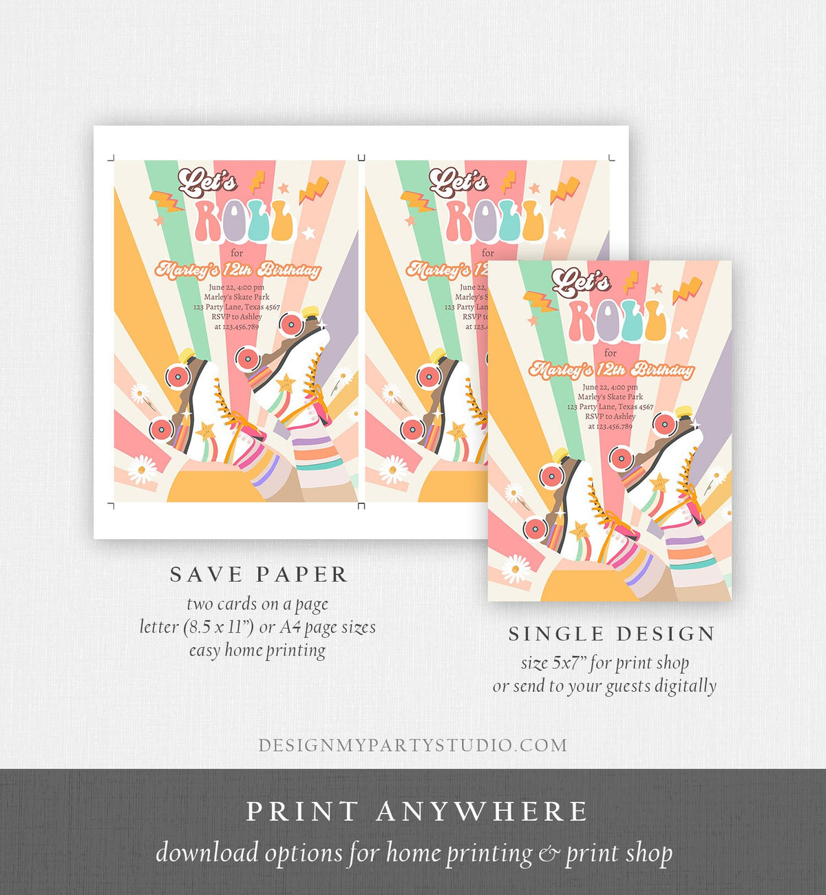 Editable Retro Roller Skating Birthday Party Invitation Groovy Skating Kids Flower Power Rainbow 70&#39;s Digital Evite Template Printable 0435