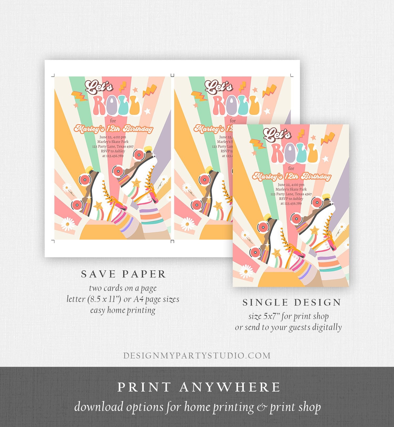 Editable Retro Roller Skating Birthday Party Invitation Groovy Skating Kids Flower Power Rainbow 70's Digital Evite Template Printable 0435