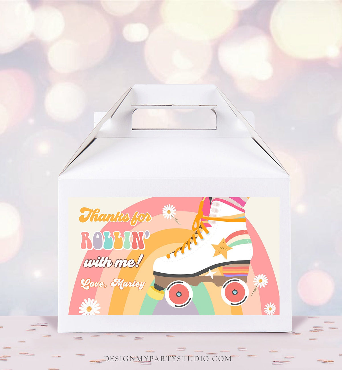 Editable Retro Skate Birthday Party Gable Box Favor Label 70&#39;s Gift Box Labels Skating Party Rolling Roller Download Printable Corjl 0435