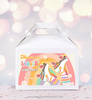 Editable Retro Skate Birthday Party Gable Box Favor Label 70's Gift Box Labels Skating Party Rolling Roller Download Printable Corjl 0435