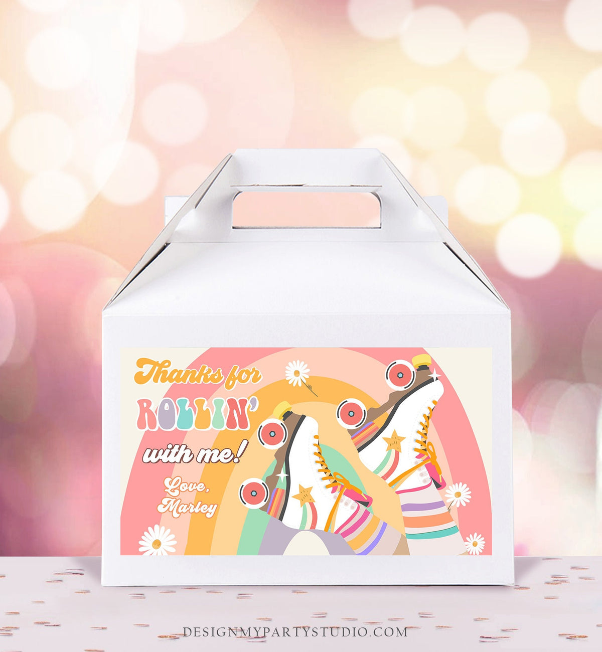 Editable Retro Skate Birthday Party Gable Box Favor Label 70&#39;s Gift Box Labels Skating Party Rolling Roller Download Template Printable 0435
