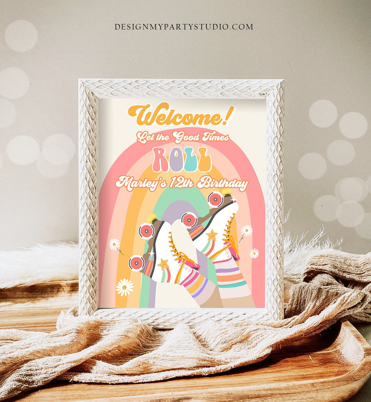 Editable Roller Skate Birthday Welcome Sign Retro Skating Birthday Girl Pink Let&#39;s Roll 70&#39;s Skate Party Digital Template Printable 0435