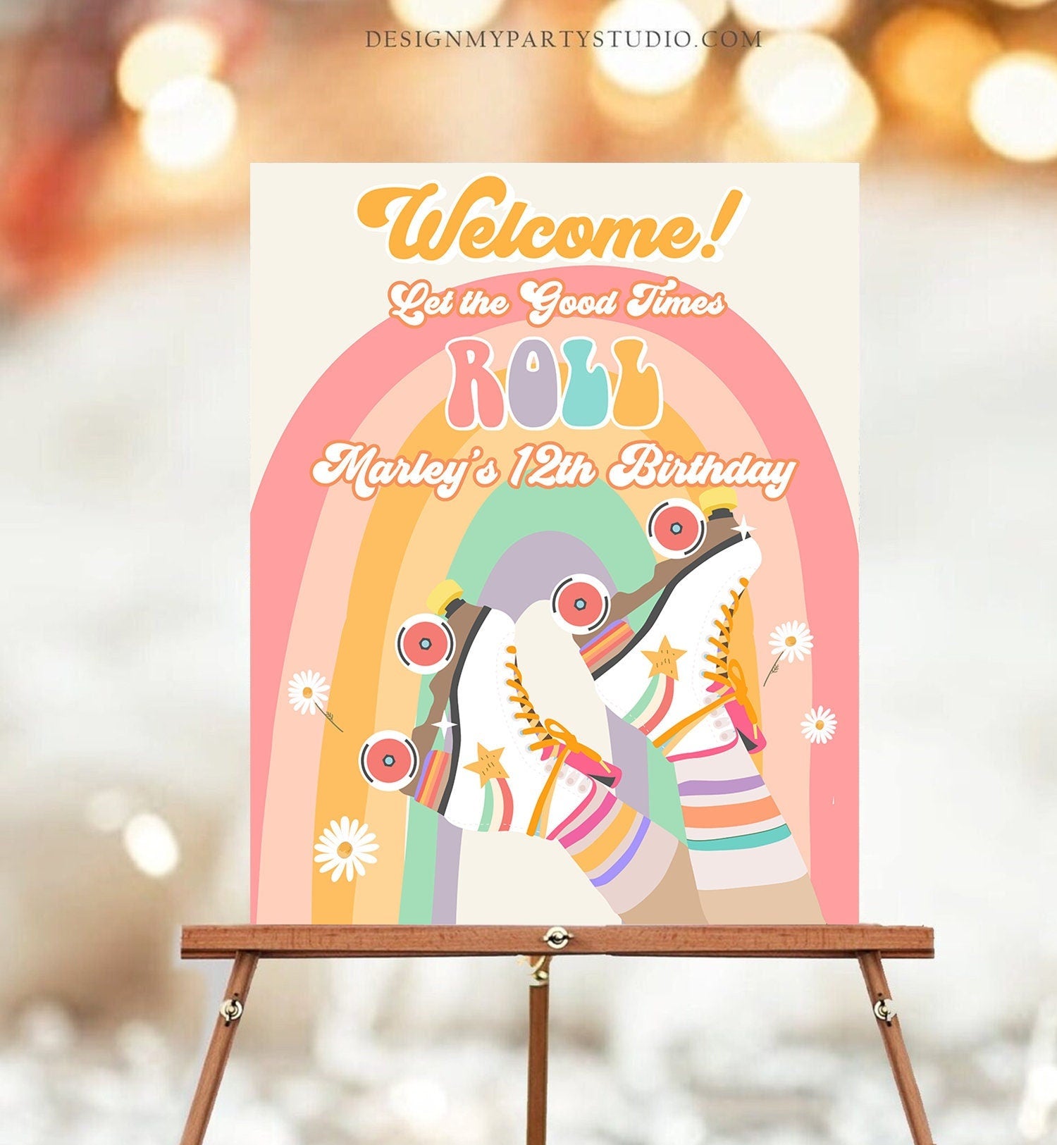 Editable Roller Skate Birthday Welcome Sign Retro Skating Birthday Girl Pink Let's Roll 70's Skate Party Digital Template Printable 0435