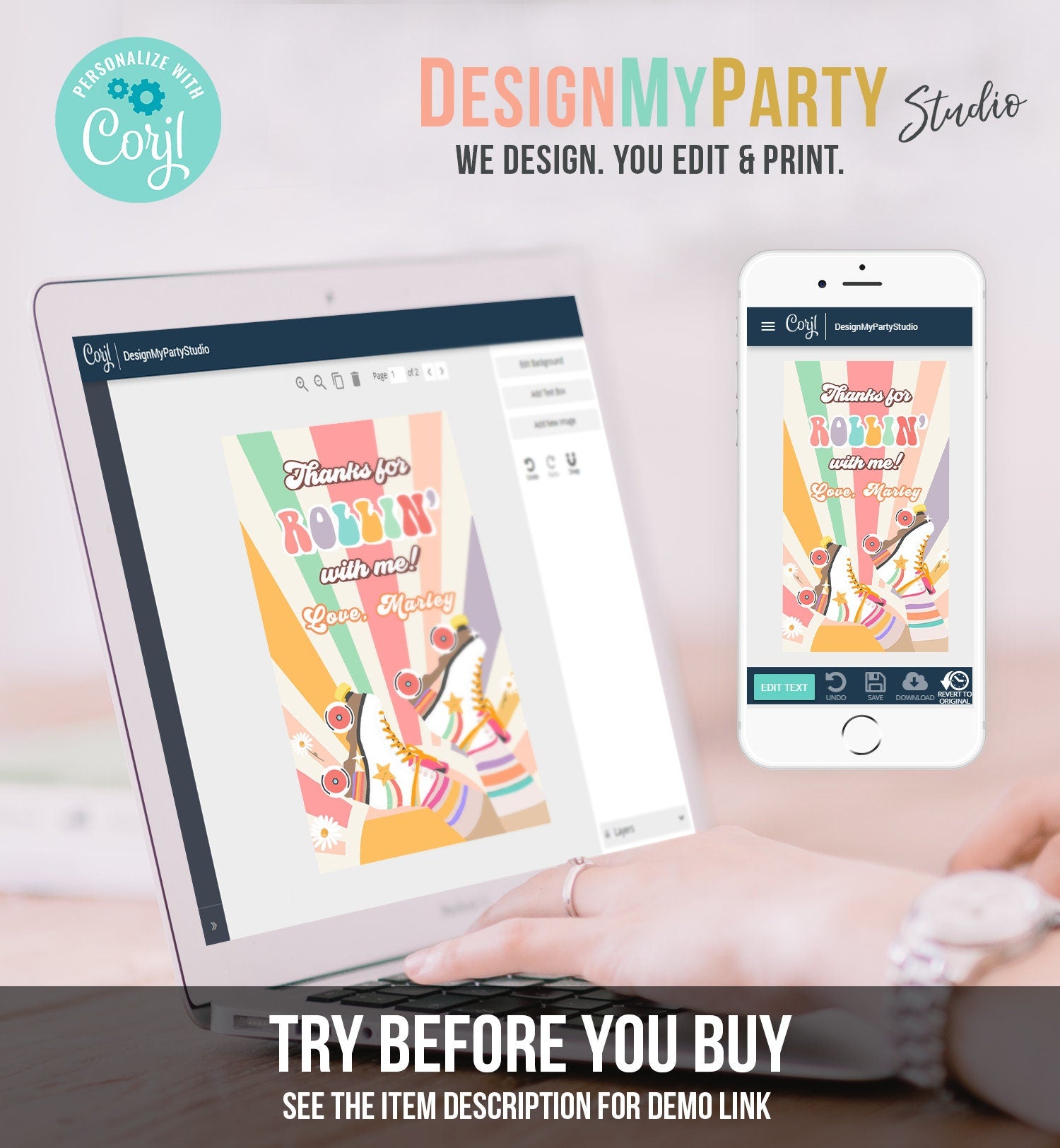 Editable Roller Skating Favor Tag Roller Skate Birthday Thank You Tags Girl Retro Skate Party DIsco Download Printable Corjl Template 0435