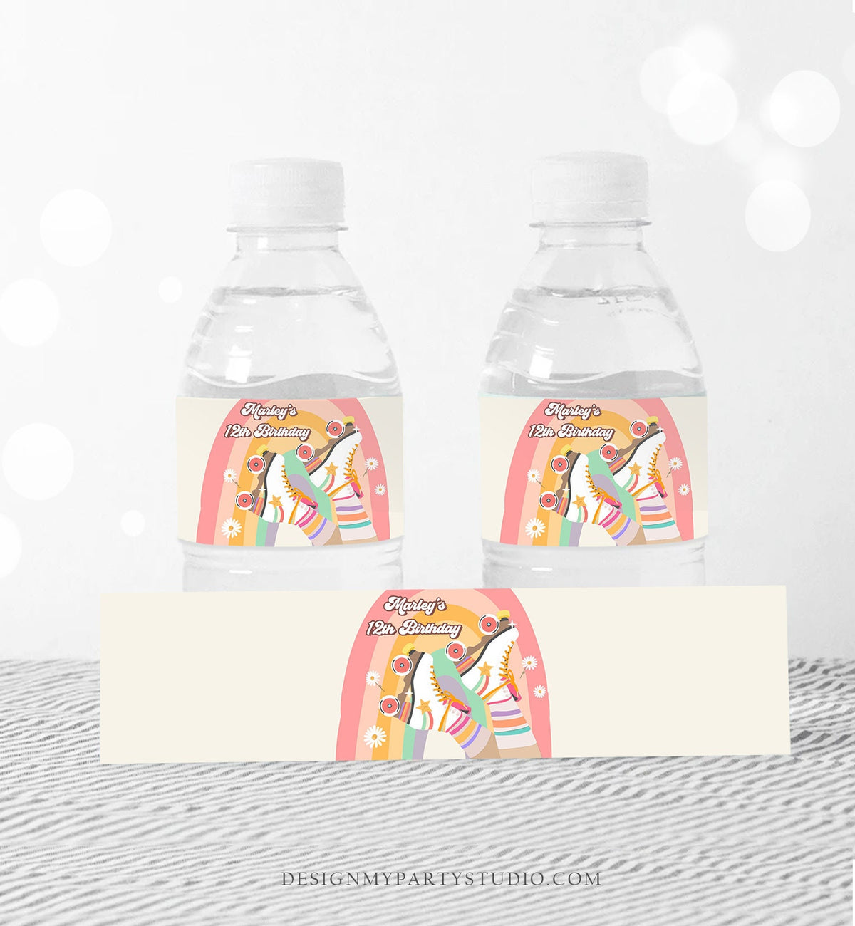 Editable Roller Skate Water Bottle Labels Retro Skate Party Decor Girl Skating Birthday Let&#39;s Roll Labels Pink Template Printable 0435