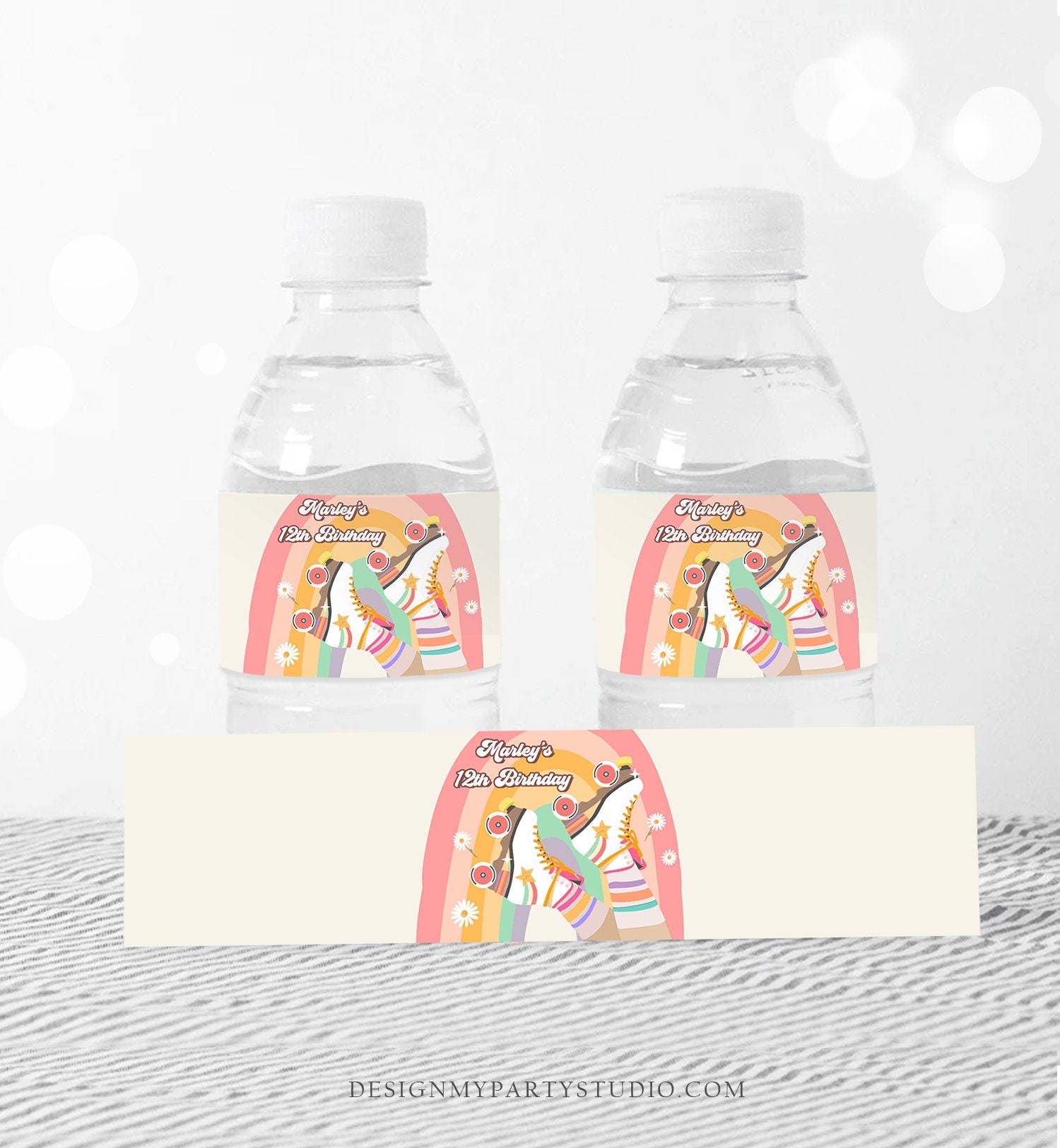 Editable Roller Skate Water Bottle Labels Retro Skate Party Decor Girl Skating Birthday Let's Roll Labels Pink Template Printable 0435