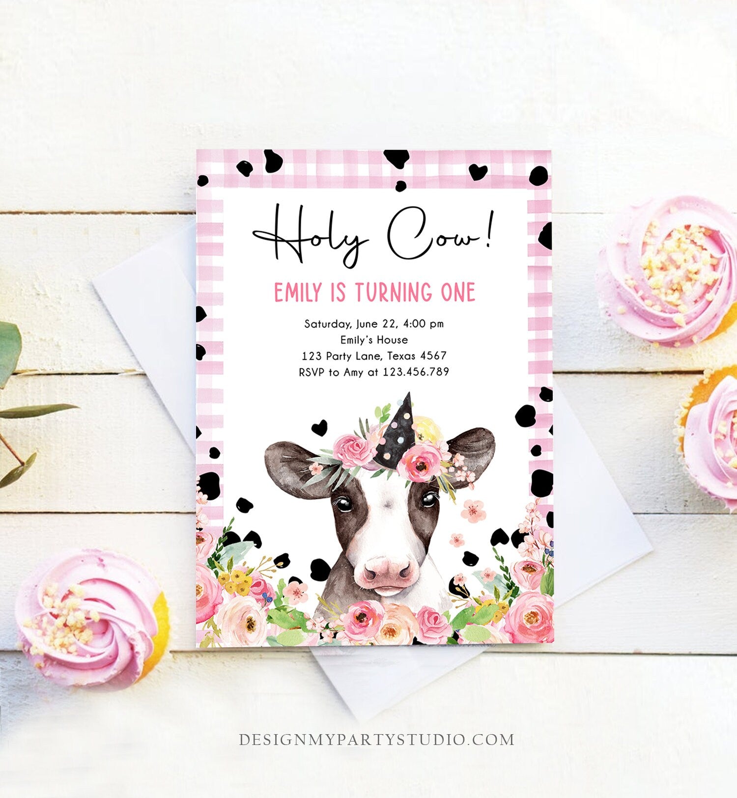Editable Cow Birthday Invitation Girl Farm Animals Pink Floral Barnyard Party Holy Cow Party 1st One Download Printable Template Corjl 0434