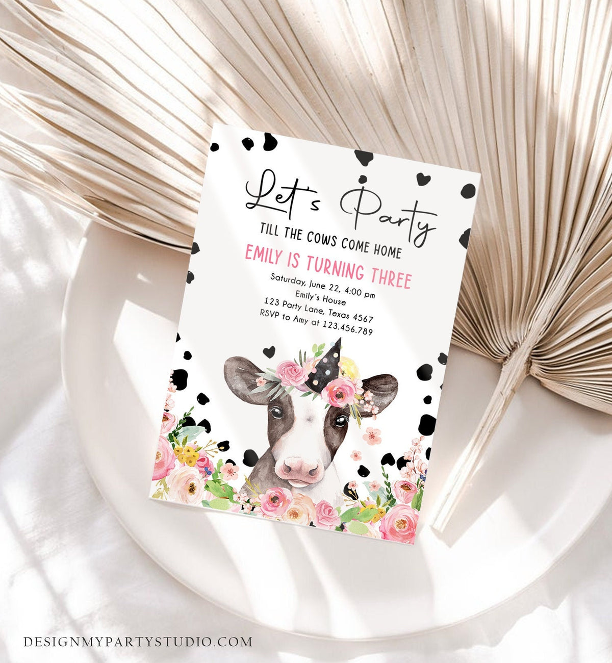 Editable Cow Birthday Invitation Girl Farm Animals Let&#39;s Party Till The Cows Come Home Holy Cow 1st Download Printable Template Corjl 0434