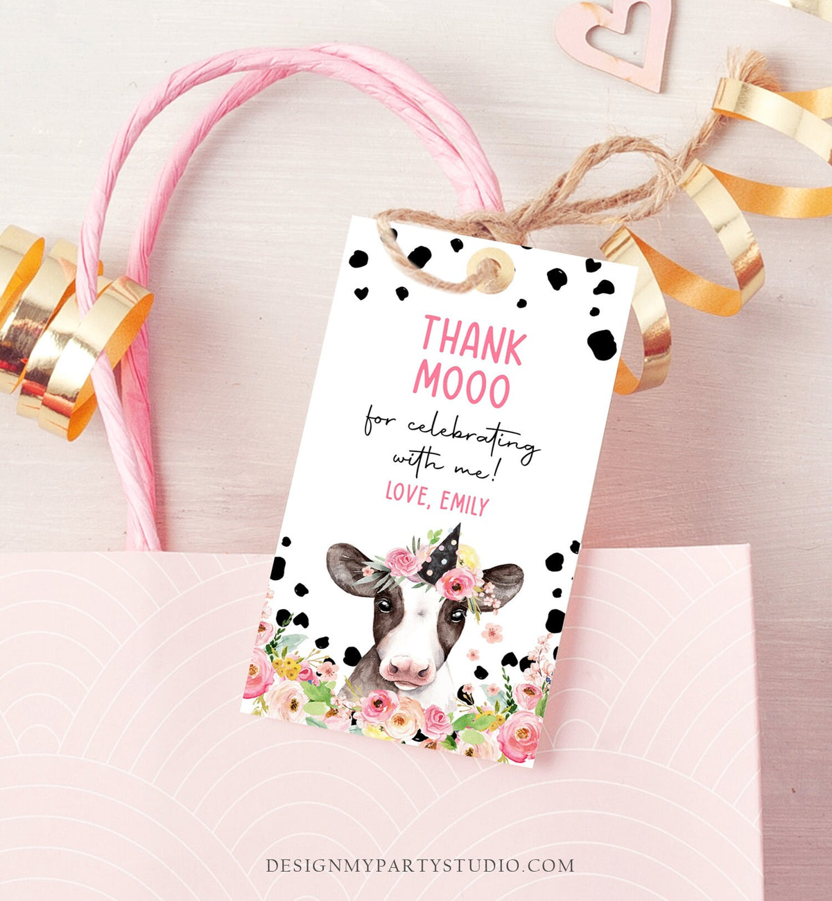 Editable Cow Thank You Tags Farm Favor Tag Thank Mooo Barnyard Gift Tag Pink Farm Floral Holy Cow Party Tag Digital Template Printable 0434