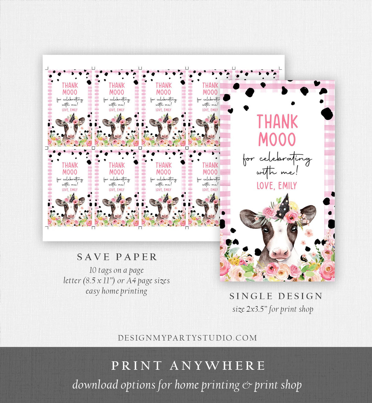Editable Cow Thank You Tags Farm Favor Tags Thank Mooo Barnyard Gift Tags Pink Farm Floral Holy Cow Party Template Download Printable 0434