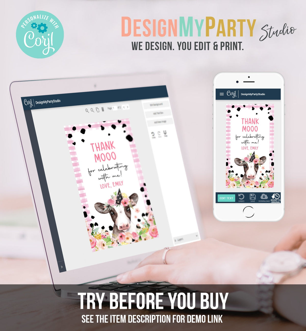 Editable Cow Thank You Tags Farm Favor Tags Thank Mooo Barnyard Gift Tags Pink Farm Floral Holy Cow Party Template Download Printable 0434