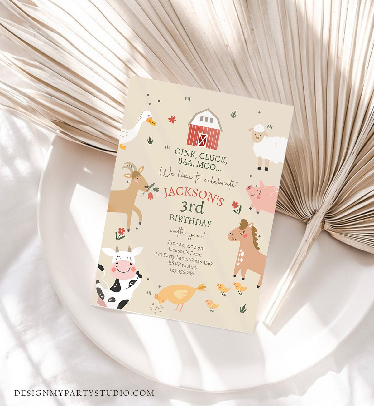 Editable Farm Animals Birthday Invitation Boy Farm Barnyard Birthday Party Animals Modern Farm Digital Download Template Printable 0436