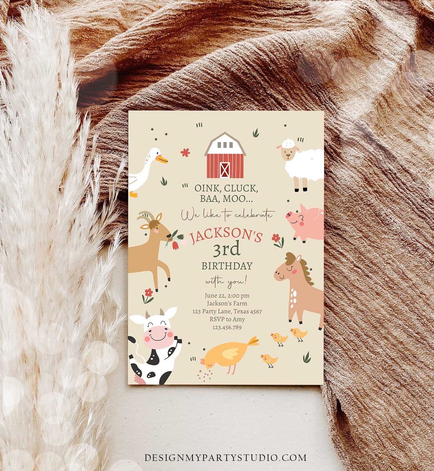 Editable Farm Animals Birthday Invitation Boy Farm Barnyard Birthday Party Animals Modern Farm Digital Download Template Printable 0436