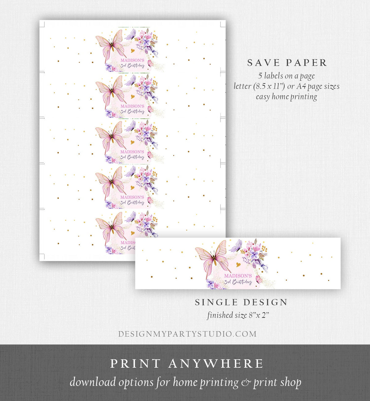 Editable Butterfly Water Bottle Label Girl Floral Butterfly Party Garden Pink Gold Purple Drink Label Download Printable Template Corjl 0437