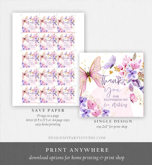 Editable Butterfly Favor Tags Floral Butterfly Birthday Thank you tag Garden Shower Pink Gold Purple Fluttering By Template PRINTABLE 0437
