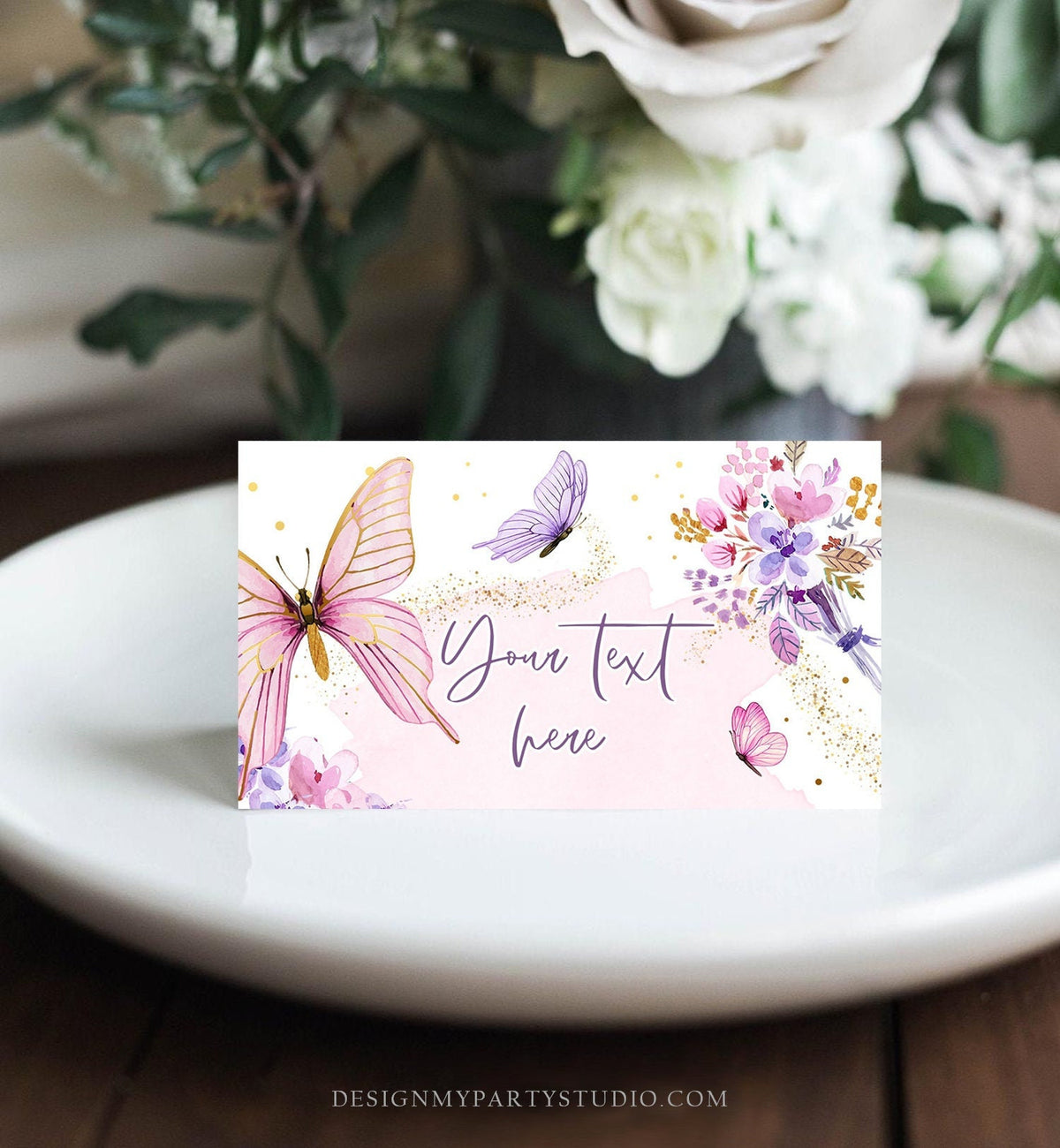 Editable Butterfly Food Labels Floral Butterfly Birthday Food Cards Tent Card Girl Pink Purple Buffet Label Tent Template Printable 0437