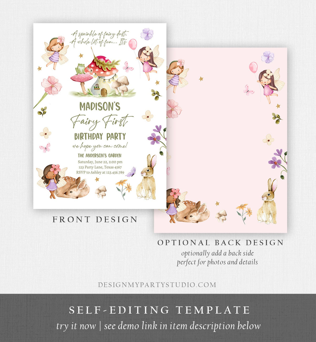 Editable Fairy Birthday Invitation Whimsical Enchanted Pixie Fairy Party Floral Fairy Girl Digital Download Evite Template Printable 0438